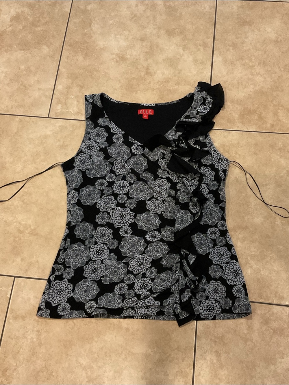 ELLE Black Top with Light Gray Floral Ruffle Detail